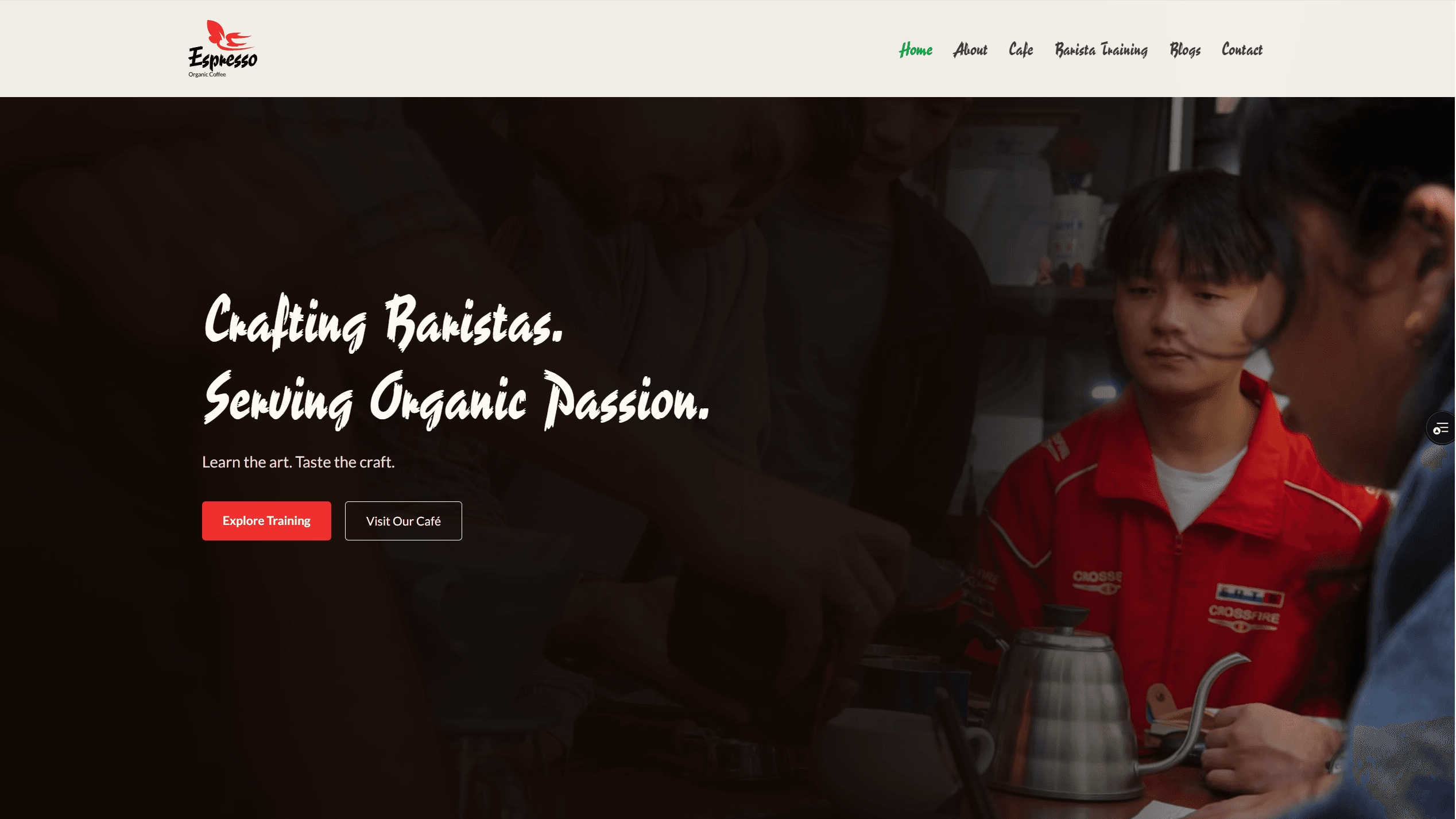 Espresso Organic Coffee e-commerce platform showing premium single-origin coffee products with farm-to-cup storytelling and barista training courses