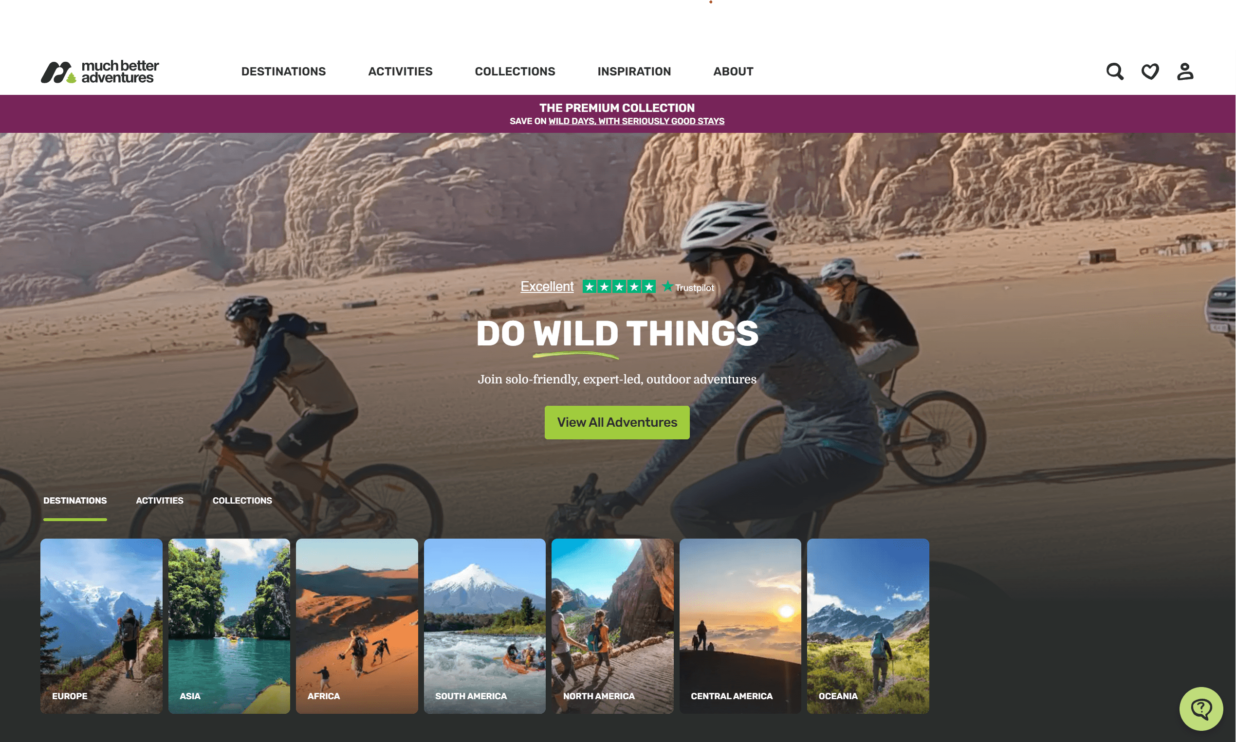 Much Better Adventures adventure travel platform showing the booking interface with trip listings and real-time availability